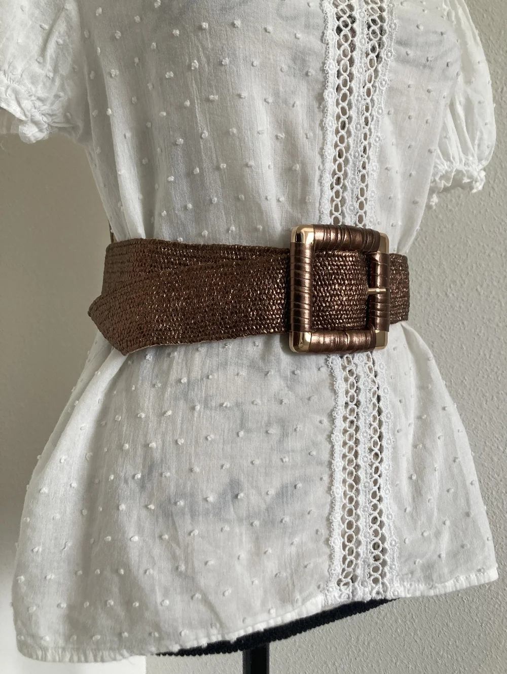 Corset Wide Woven Waist Belt Metallic Bronze Stretch Chunky Square Buckle S/M/L